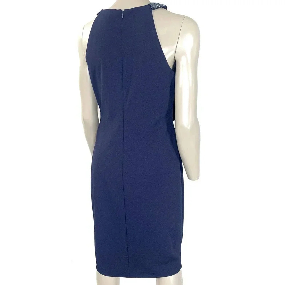 Lauren Ralph Lauren Halter Beaded Cocktail Pencil Dress Women Size 8 Blue Ruffle - Picture 3 of 15